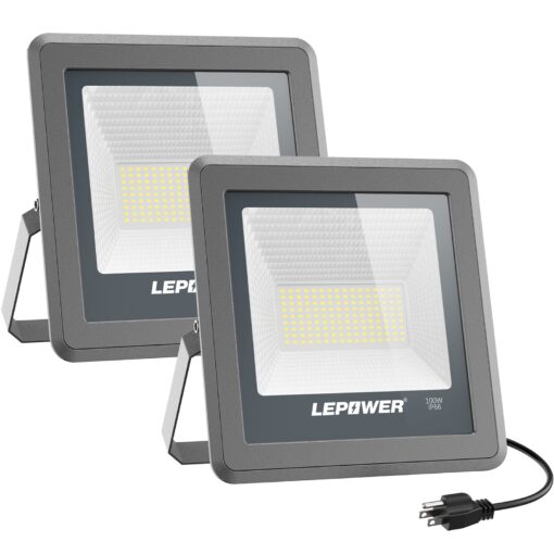 LEPOWER 100W LED Flood Light, 10000lm Work Light with Plug, Equiv 500W Halogen, 6000K White Light, IP66 Waterproof Outdoor Floodlight for Garage, Garden, Lawn, Basketball Court, Playground 2 Pack 10.87*10.43*2.56inch