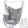 Y- STOP Hammock Chair Hanging Rope Swing, Max 500 Lbs, 2 Cushions Included, Large Macrame Hanging Chair with Pocket for Superior Comfort, with Hardware Kit (Light Grey) Light Grey 12 71SDBst4 L