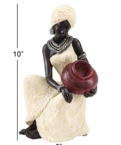 Deco 79 Polystone Woman Sitting African Sculpture with Red Water Pot, 6" x 6" x 10", Cream 6" x 6" x 10" 22 71Scn8w6FZL