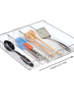 mDesign Plastic Adjustable/Expandable Divided Drawer Storage Organizer with 4 Compartments for Kitchen Pantry, Cupboard, Cabinet, Hold Silverware, Utensils, Cutlery - Ligne Collection - Clear 4 Compartment Expandable Pack of 1 25 71SltwJ0U L