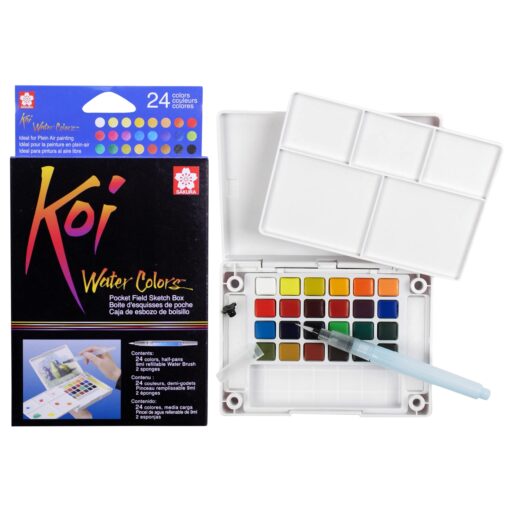 Sakura Koi Pocket Field Sketch Kit - Watercolor Sets for Painting On the Go - 24 Colors - 1 Water Brush - 1 Sponge - 1 Mixing Palette 1 Count (Pack of 24)