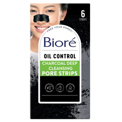 Biore Charcoal Blackhead Remover Pore Strips, Deep Cleansing Nose Strips for Removal and Unclogging, 3X Less Oil, 6 Count CHARCOAL PORE STRIPS 6 Count (Pack of 1)