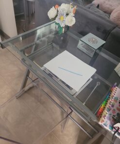 Walker Edison Metal and Glass Work From Home Laptop Computer Gaming Desk with Slide In Keyboard Tray Home Office, 31 Inch, Silver Single Desk Stanford 47 71T dZ338L