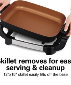 Hamilton Beach Durathon Ceramic Electric Skillet with Removable 12x15” Pan, Adjustable Temperature, Reversible Design, Tempered Glass Lid, Copper Colored Nonstick Surface (38529K) 22 71TLx7Hh60L