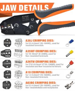 iCrimp Ratchet Wire Crimping Tool Set w/ 5 Interchangeable Jaws for Insulated and Non-Insulated Terminals AWG20-2, Wire Stripper included 18 71Ti6J abLL