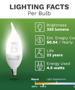 Bioluz LED 6 Pack Flame Tip Candelabra LED Bulb, Dimmable 40 Watt Chandelier Bulbs 40 (uses 4.5W) Watt E12 Base Candle Bulbs 2700K (Warm White) Indoor/Outdoor Flame Tip - 6 Pack 22 71TjO27vgWL