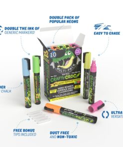 Crafty Croc Liquid Chalk Markers, Neon Chalk Pens Glow Under Blacklight, Includes 2 Each Fluorescent Yellow, Blue, Green, Orange and Pink (10 Pack) 10 Pack Double Neon (2 x Blue, Green, Yellow, Orange, Pink) Bold (6mm) 27 71TqHB9pHL