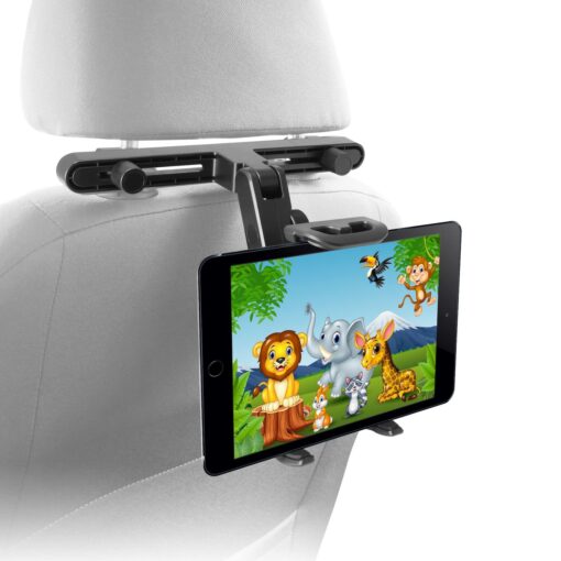 Macally Car Headrest Tablet Holder, Adjustable iPad Car Mount for Kids in Backseat, Compatible with Devices Such as iPad Pro Air Mini, Galaxy Tabs, And 7" to 10" Tablets and Cell Phones - Black