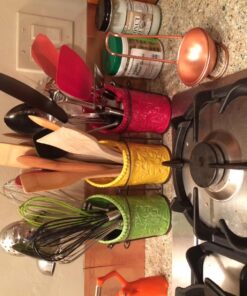 ienjoyware Kitchen Utensil Holder Set (4 Pieces) - 3 Ceramic Crocks & 1 Portable Wire Caddy - Multi-Color Multicolor 21 71Tx5H5KGfL 1