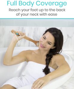 Vive Back Scrubber Brush for Shower - for Dry or Wet Body Brushing - Long Handle - Cleaning Lymphatic Drainage Handled Washer for Men, Women - Showering Bathing Exfoliator with Soft & Stiff Bristles Light Wood 26 71U82GgRVIS