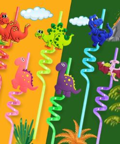 FZR Legend 24 Reusable Dinosaur Drinking Plastic Straws + 6 Dinosaur Temporary Tattoos for Kids Girls Boys | Dinosaur Birthday Party Supplies Three Rex Party Favors Decorations with Cleaning Brush 20 71UCMARxrkL