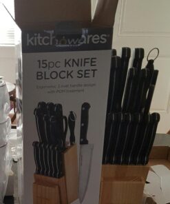 Knife Set With Wooden Block - 15 Piece Set Includes Chef Knife, Bread Knife, Carving Knife, Utility Knife, Paring Knife, Steak Knife, Boning Knife, Scissors And Knife Sharpener. - By Kitch N’ Wares 34 71UJEoYjs1L