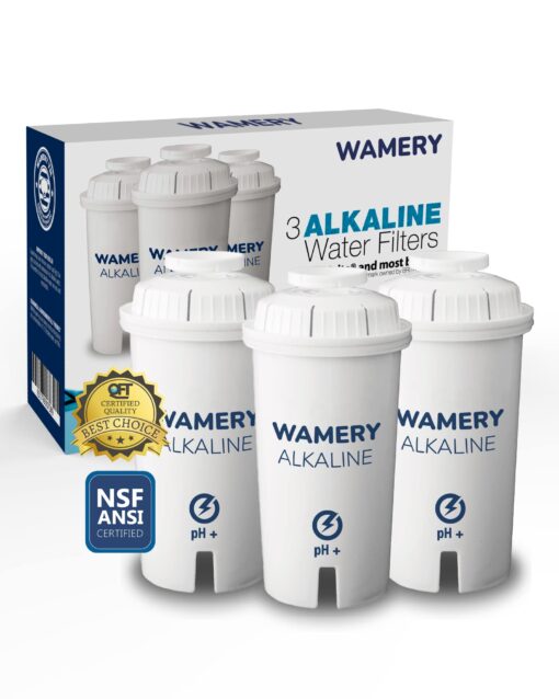 WAMERY Certified Alkaline Water Filter Replacement Fits Brita and Wamery Pitcher Cartridges 3-Pack, Increases Water pH. 3 Pack