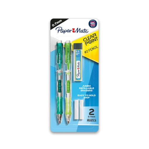 Paper Mate Clearpoint Mechanical Pencils, HB #2 Lead (0.7mm), 2 Pencils, 1 Lead Refill Set, 2 Erasers 0.7MM