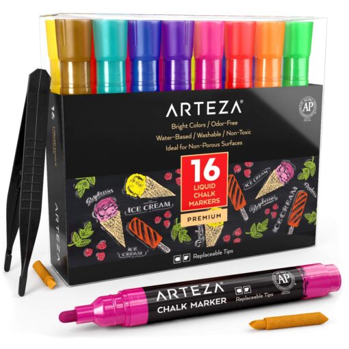 ARTEZA Liquid Chalk Markers, Set of 16 Bright Colors, for Blackboard, Whiteboard, Windows, Mirrors & Glass, Fine Tip Chalkboard Pens, Office Supplies