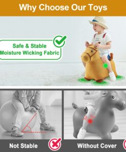 iPlay, iLearn Bouncy Pals Yellow Hopping Horse, Outdoor Ride on Bouncy Animal Play Toys, Inflatable Hopper Plush Covered W/Pump, Birthday Gift for 18 Months 2 3 4 5 Year Old Kids Toddlers Boys Girls Yellow Horse 23 71V4d8tcjVL