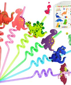 FZR Legend 24 Reusable Dinosaur Drinking Plastic Straws + 6 Dinosaur Temporary Tattoos for Kids Girls Boys | Dinosaur Birthday Party Supplies Three Rex Party Favors Decorations with Cleaning Brush 26 71V65SxVAcL
