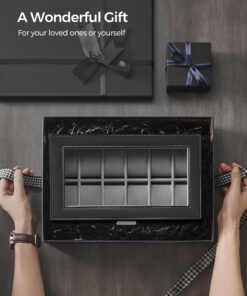 SONGMICS 12-Slot Watch Box, Lockable Watch Case with Glass Lid, 2 Layers, with 1 Drawer for Rings, Bracelets, Gift Idea, Black Synthetic Leather, Gray Lining UJWB012 Black + Gray 12 Slot 30 71V93fi5x1L