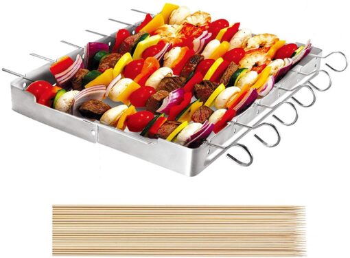 UNICOOK Heavy Duty Stainless Steel Barbecue Skewer Shish Kabob Set, 6pcs 13"L Skewer and Foldable Grill Rack Set, Durable and Reusable, Bonus of 50pcs 12.5"L Bamboo Skewers for Party and Cookout