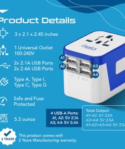 Ceptics Universal Travel Adapter Plug World Power W/ 4 USB Ports - Charge Cell Phones, Smart Watches, iPhones - For International Europe, China, UK, UAE, Australia - Type A, C, G, I 1 Pack World Adapter W/USB 31 71VBRDiVPPL