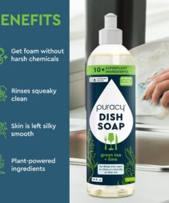 Puracy Dish Soap, Green Tea & Lime, Care for Your Dishes and Your Hands, 99.96% Plant-Based, Natural Liquid Dishwashing Detergent, Skin Friendly Sulfate-Free Kitchen Soap, 16 Fl Oz (Pack of 3) 16 Fl Oz (Pack of 3) 23 71VLZaG EJL 1