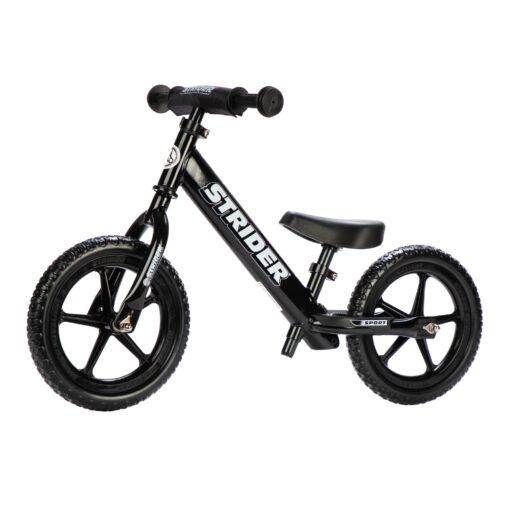 Strider 12” Sport Bike - No Pedal Balance Bicycle for Kids 18 Months to 5 Years - Includes Safety Pad, Padded Seat, Mini Grips & Flat-Free Tires - Tool-Free Assembly & Adjustments STRIDER Black