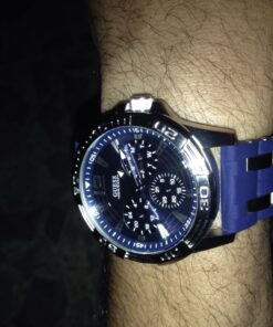 GUESS Stainless Steel Stain Resistant Silicone Watch with Day, Date + 24 Hour Military/Int'l Time Blue/Blue/Silver Tone 47 71VUFeEsZL