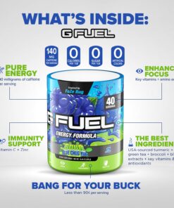 G Fuel Faze Rug Energy Powder, Sugar Free, Clean Caffeine Focus Supplement, Water Mix, Sour Blue Raspberry Flavor, with Focus Amino, Vitamin + Antioxidants Blend - 10.44 oz (40 Servings) 22 71Va93pgSFL