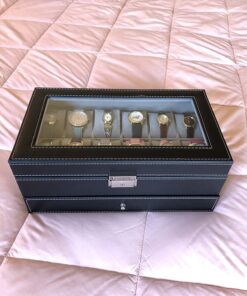 SONGMICS 12-Slot Watch Box, Lockable Watch Case with Glass Lid, 2 Layers, with 1 Drawer for Rings, Bracelets, Gift Idea, Black Synthetic Leather, Gray Lining UJWB012 Black + Gray 12 Slot 41 71ViEarSllL