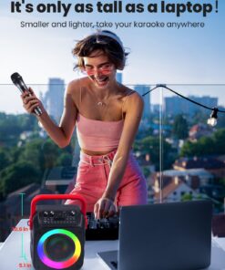 Karaoke Machine with Two Wireless Microphones, Portable Karaoke Machine for Adults & Kids, Portable Bluetooth Speaker with PA System, LED Lights, Supports TF Card/USB, AUX in, FM, USB,TWS (Red) red 16 71VkSdDeOML