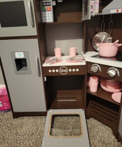 Amazon Basics Kids Corner Wooden Kitchen Toy Playset with Stove, Oven, Sink, Fridge and Accessories, for Toddlers, Preschoolers, Children Age 3+ Years, Espresso/Gray, 39.37"L x 28.35"W x 35.04"H Corner Kitchen 39 71VlvUhaSL