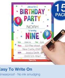 Papery Pop 9th Birthday Party Invitations with Envelopes (15 Count) - 9 Year Old Kids Birthday Invitations for Boys or Girls - Rainbow 9 71Vn3EhlBrL