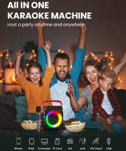 Alternative view of Karaoke Machine with Two Wireless Microphones, Portable Karaoke Machine for Adults & Kids, Portable Bluetooth Speaker with PA System, LED Lights, Supports TF Card/USB, AUX in, FM, USB,TWS (Red) red