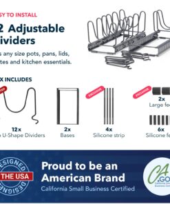 Pot Lid Holder 12+ Adjustable Dividers by BTH Expandable Pan and Pot Lid Organizer Rack for Cabinet – Heavy Duty Pot Lid Organizer for Kitchen Under Sink Drawer Pantry Storage (5.5"W, Dark Grey) LID HOLDER 5.5"W (DARK GREY) 26 71VpoJus7FL