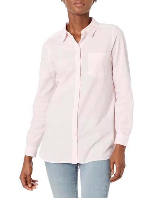 Daily Ritual Women's Broken-in Cotton Long-Sleeve Button-Front Tunic Medium Light Pink Stripe