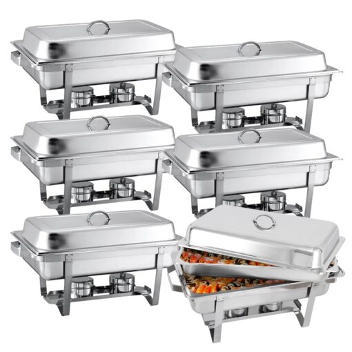 6 Pack Chafing Dish Buffet Set 8 Qt Stainless Steel Complete Chafer Set Catering Warmer Set with Water Pan, Fuel Holder for Parties, Dinners, Catering, Buffet and Weddings 6