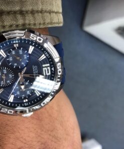 GUESS Stainless Steel Stain Resistant Silicone Watch with Day, Date + 24 Hour Military/Int'l Time Blue/Blue/Silver Tone 42 71W0xPyS9tL