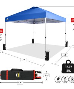 Crown Shades 10x10 Pop up Canopy Outside Canopy, Patented One Push Tent Canopy with Wheeled Carry Bag, Bonus 8 Stakes and 4 Ropes, Blue 41 71W38t85MeL