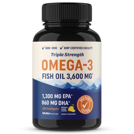 Triple Strength Omega 3 Fish Oil | 3600 mg EPA & DHA | Over 2,000mg of Omega-3 Fatty Acids | Over 1,200mg EPA + 800mg DHA | Best Essential Fatty Acids | Premium Burpless Softgel Supplements (120 Ct) Essential Fatty Acid Combinations 120 Count