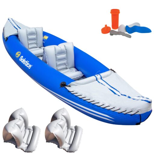 SOLSTICE Inflatable Kayak Boat Series for Adults & Kids 1 to 2 Person Tandem Raft Options | for Lake Ocean River Rafting & Fishing |  Incl. Seat, Paddle, Bag, Pump | Heavy Duty Material & Lightweight Rogue Intro Kayak (1-2P)