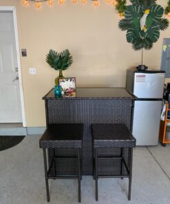 Best Choice Products 3-Piece All-Weather Wicker Bar Table Set for Indoor Outdoor, Kitchen, Patio, Backyard w/ 2 Stools, Glass Tabletop, Storage Shelves - Brown 34 71WAbGZAQFL