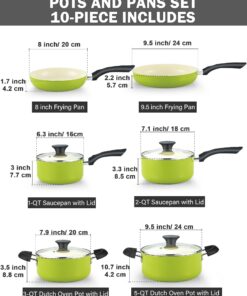 Cook N Home Pots and Pans Set Nonstick, 10 Piece Ceramic Kitchen Cookware Sets, Nonstick Cooking Set with Saucepans, Frying Pans, Dutch Oven Pot with Lids, Green 10-Piece 25 71WLcJK0YaL