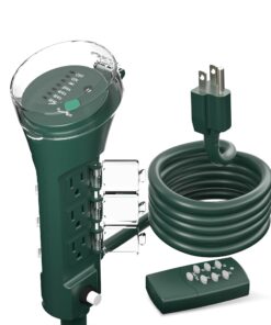 BN-LINK Outdoor Power Stake Timer, 100FT Wireless Remote Control, Dusk to Dawn Sensor for Outdoor Lights, 6 Grounded Outlets, 6ft Extension Cord, 1875W/15A,Christmas Decorations, ETL Listed With Remote-Photocell