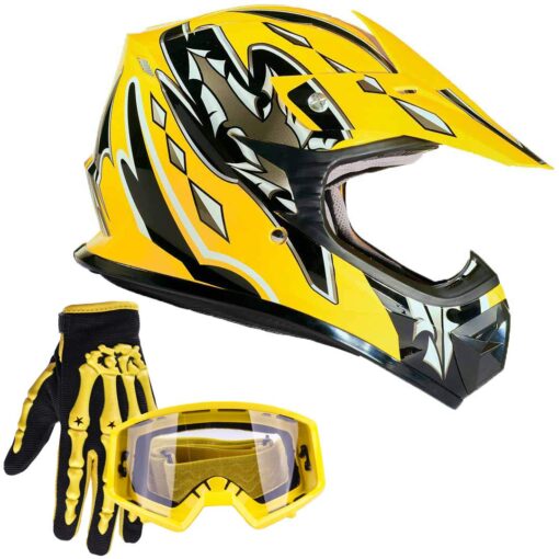 Typhoon Youth Kids Offroad Gear Combo Helmet Gloves Goggles DOT Motocross ATV Dirt Bike MX Motorcycle Medium Yellow w/ Yellow Gloves & Goggles