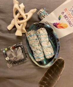 3 White Sage Smudge Gift Kit - Abalone Shell, Feather, Stand, Instructions & More - Smudging, Cleansing, Healing & Stress Relief Standard with Feather, Stand & Chakra Bracelet 42 71Wdy cWaTL