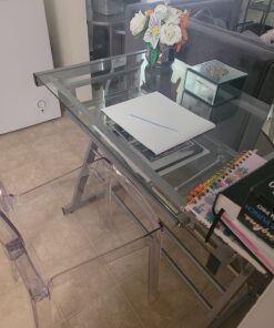 Walker Edison Metal and Glass Work From Home Laptop Computer Gaming Desk with Slide In Keyboard Tray Home Office, 31 Inch, Silver Single Desk Stanford 48 71WjWd9BeUL