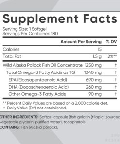 Sports Research Triple Strength Omega 3 Fish Oil 1250mg from Wild Alaska Pollock | Burpless Fish Oil Supplement with Omega-3 EPA & DHA |Sustainably Sourced, Non-GMO, Gluten Free - 180 Softgels 180 Count (Pack of 1) 26 71WkbVUE cL