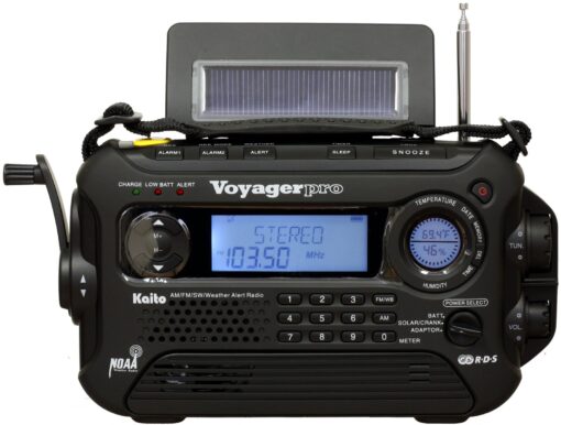 Kaito Voyager Pro KA600 Digital Solar Dynamo Crank Wind Up AM/FM/LW/SW & NOAA Weather Emergency Radio with Alert & RDS, Flashlight and Reading Lamp + Smart Phone Charger, Black