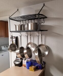 Vdomus Hanging Pot Rack - Rustproof Wall Mounted Pot Rack Pan Hanger for Kitchen Storage & Organization - Durable, Thick Iron Material - Easy Setup 2-Tier Pot Shelf Wall Mount Pot Holder - Black 41 71WtrYny FL