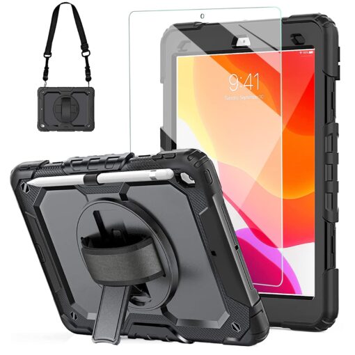 New iPad 9th/8th/7th Generation Case 2021/2020/2019 10.2 Inch with Tempered Glass Screen Protector & Pencil Holder | Rugged Protective Kids iPad 10.2 Case Cover w/Stand Hand Shoulder Strap |Black Black